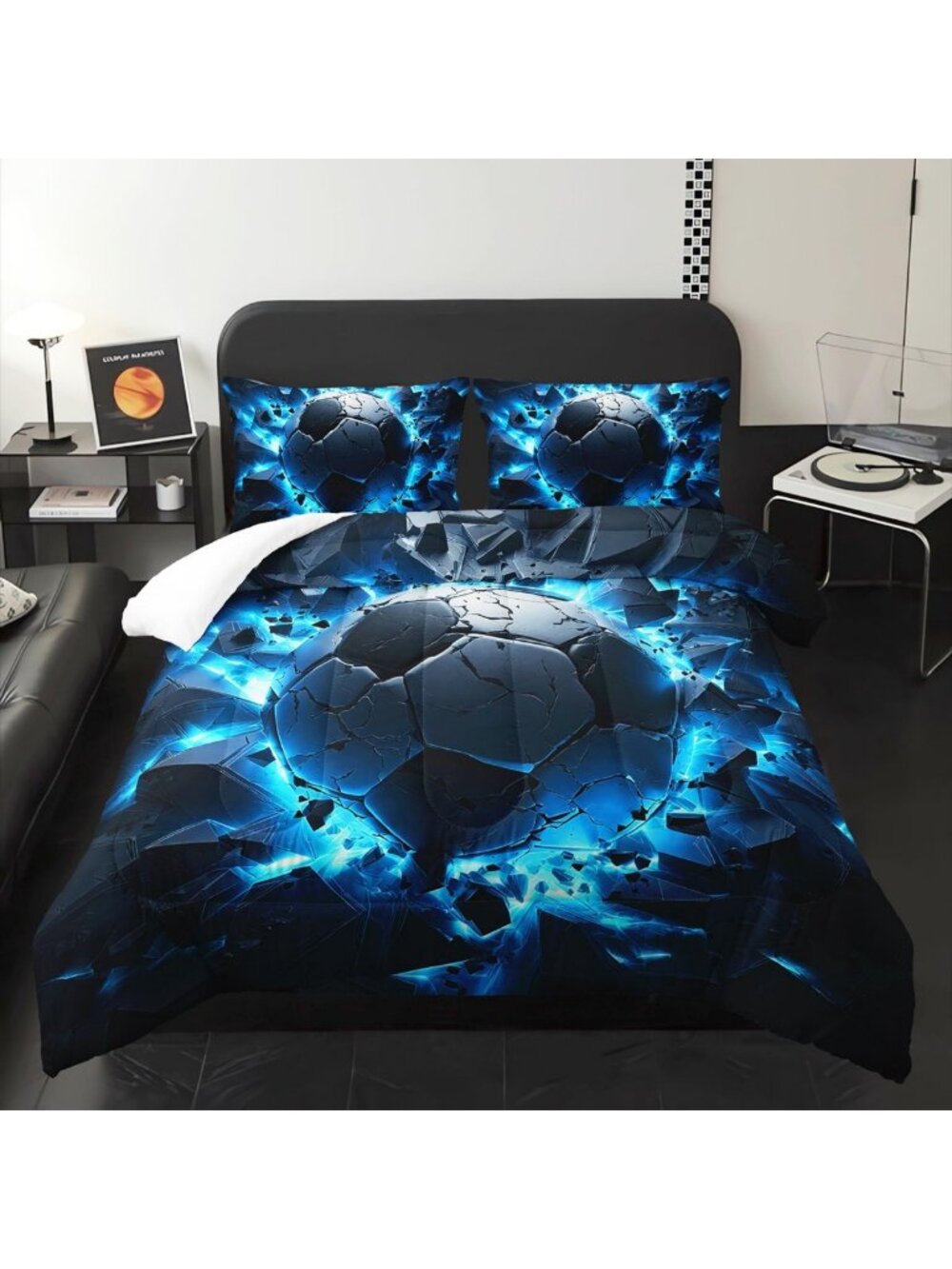 Soccer Print Bedding Set - 3PC Queen Comforter, Blue Sporty Wall Art Design